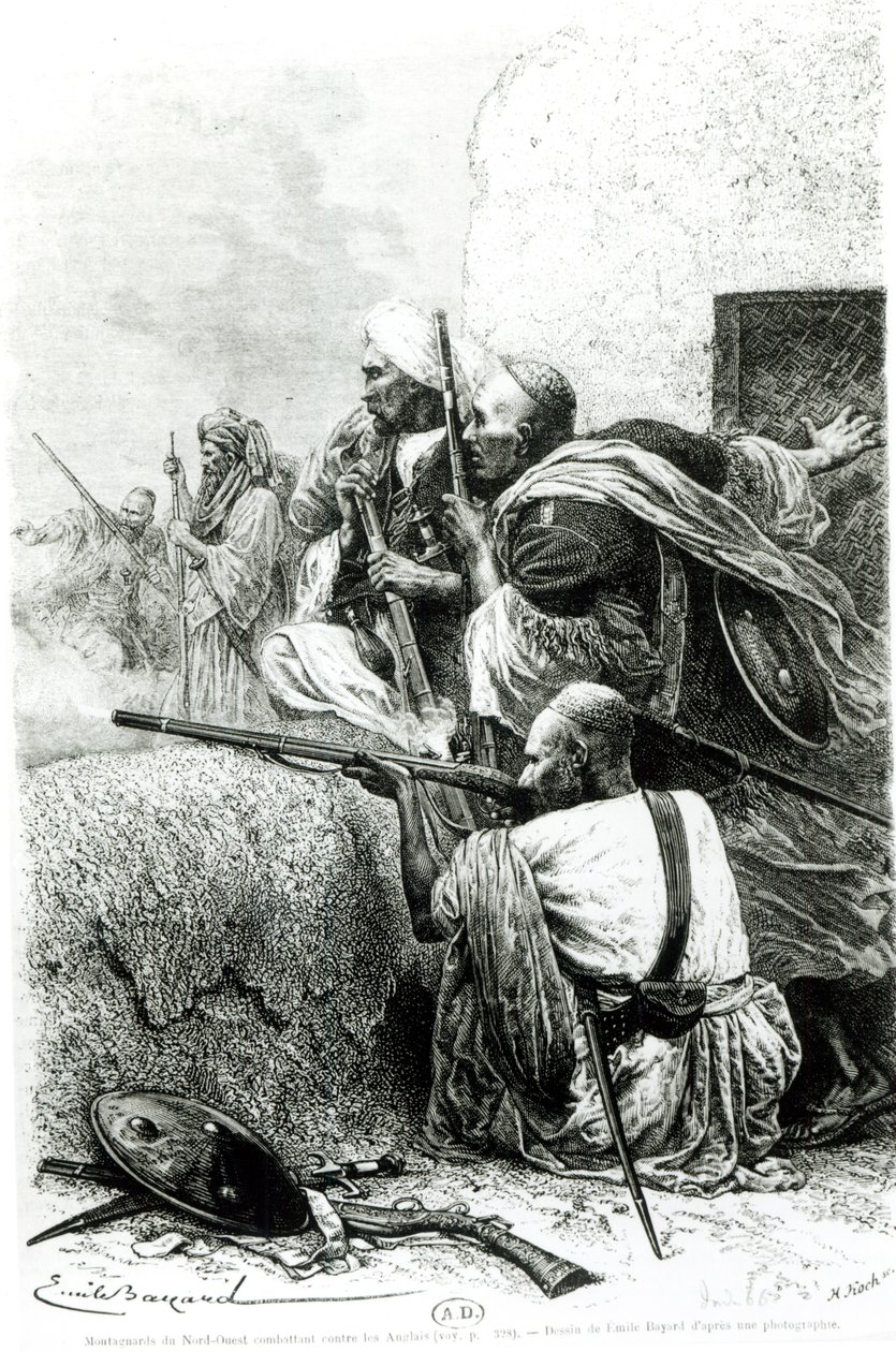 Nordwest-afghanische Bergtruppen kämpfen gegen die Briten, graviert von H. Koch von Emile Antoine Bayard