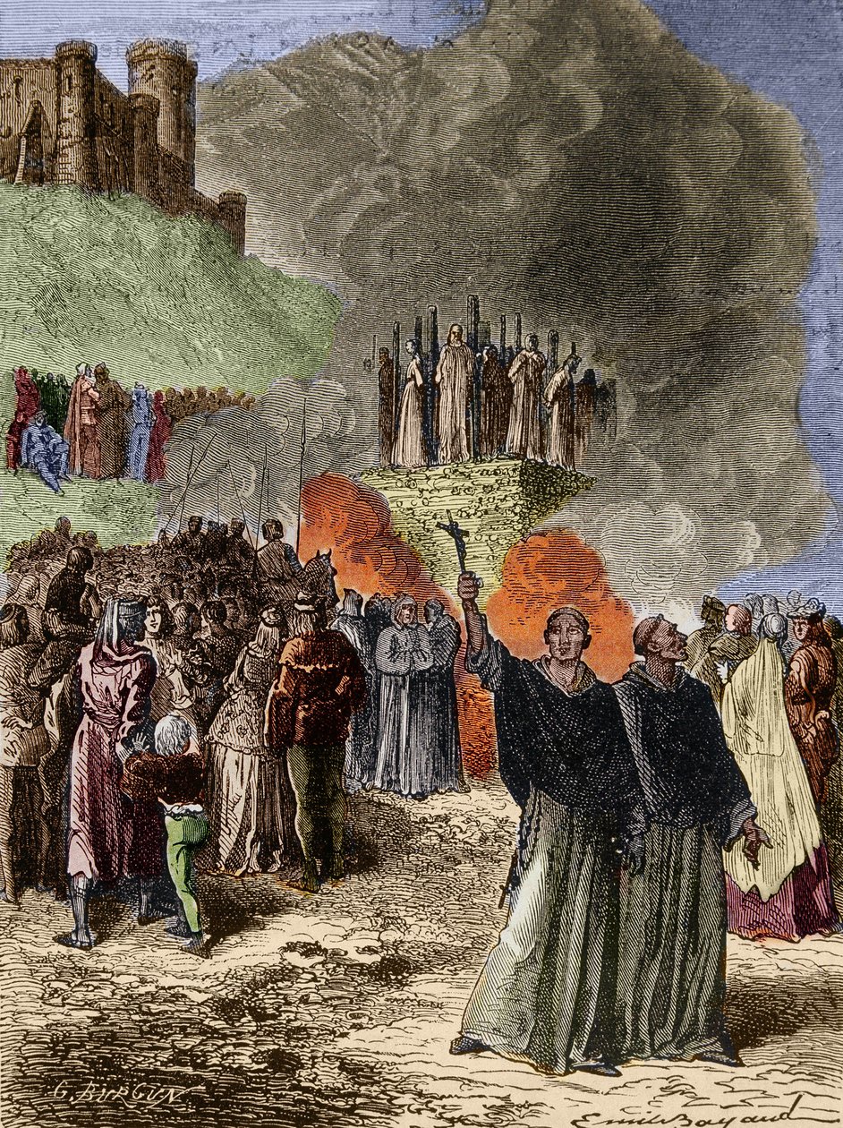 Kreuzzug gegen die Albigenser - Die letzten Verteidiger von Montsegur (Katharer) verbrannt auf dem Scheiterhaufen im Jahr 1244 - Gravur von Emile Bayard nach G. Burgun von Emile Antoine Bayard