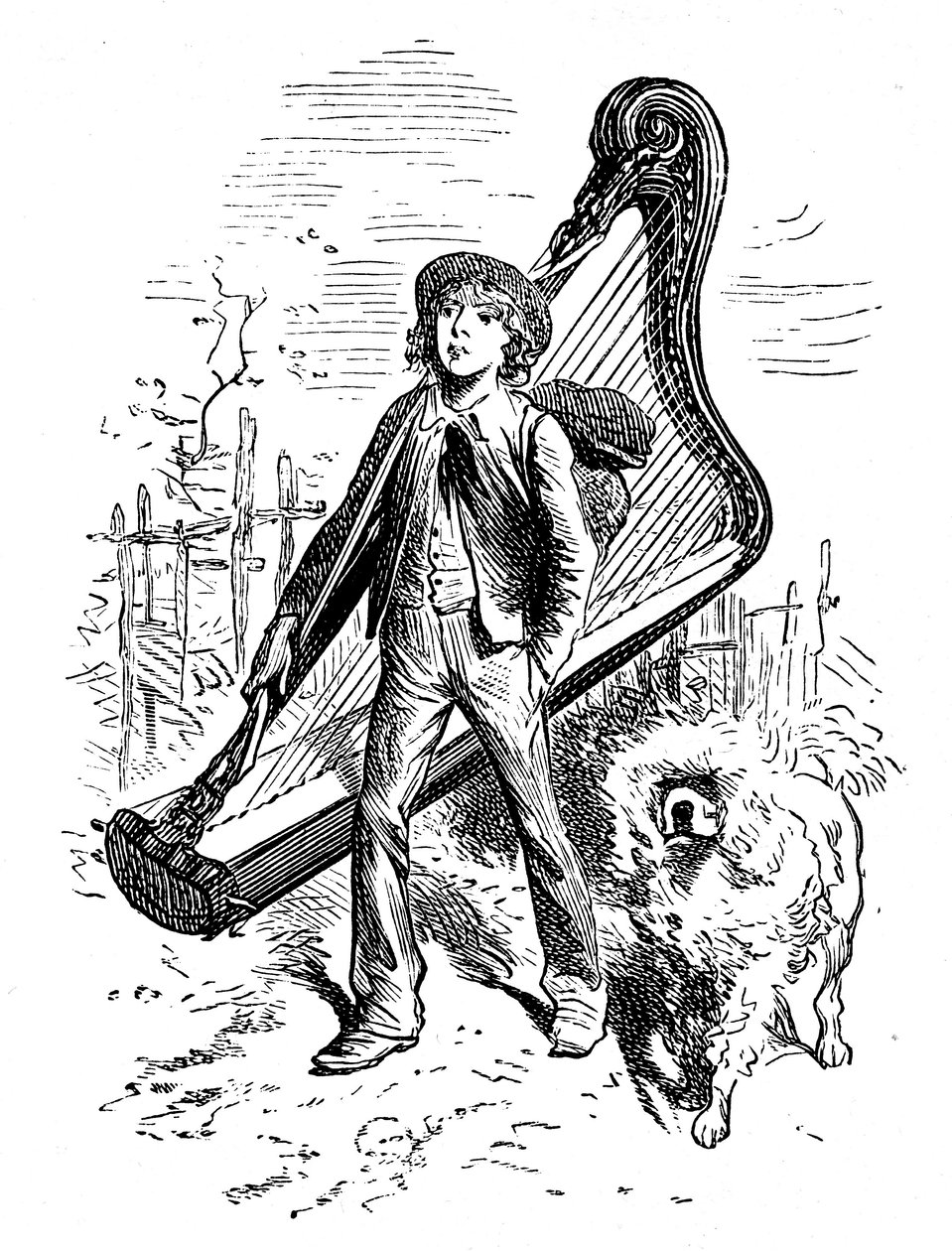 Illustration von Emile Bayard für Hector Malots Roman „Sans Famille“: Remi mit seinem Freund, dem Hund Capi, und seiner Harfe - Ausgabe Hetzel 1880 von Emile Antoine Bayard