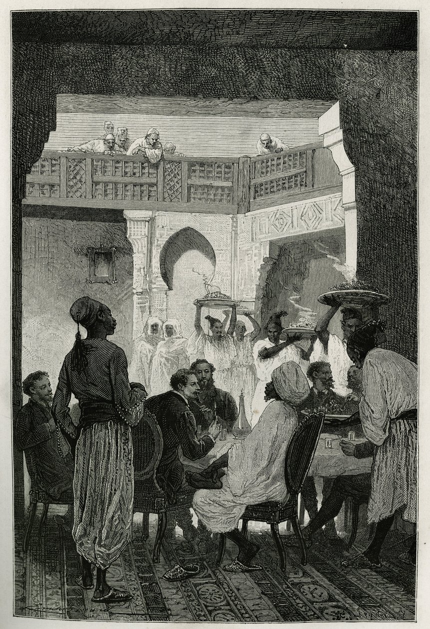 Mittagessen beim Kriegsminister, Kopfbedeckung eines Turbans, gegenüber dem Autor der Geschichte, der durch den Hof ankommt, eine Reihe von Dienern, die die Gerichte des Essens tragen, Gravur von Emile Bayard, zur Illustration der Geschichte Marokkos von E von Emile Antoine Bayard