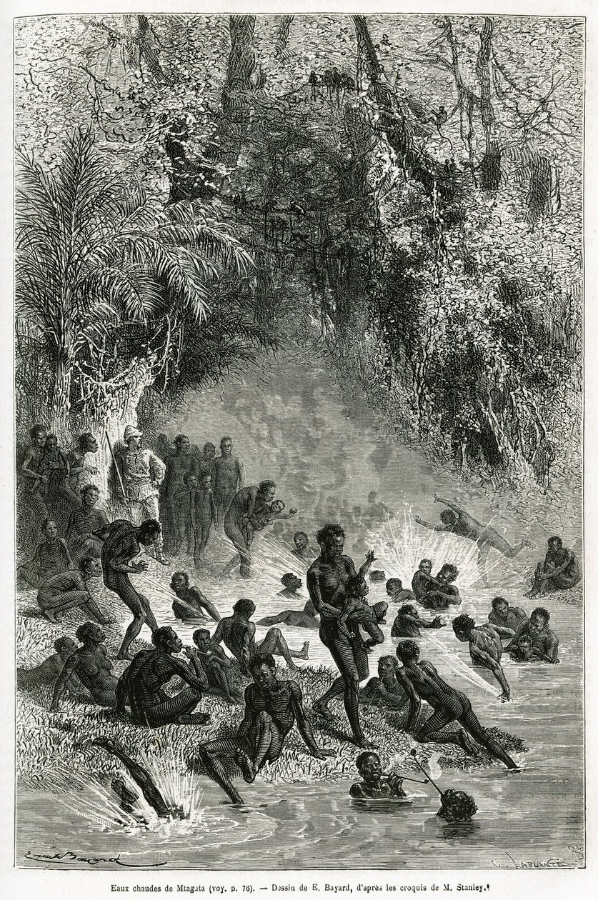 Sir Henri Morton Stanley (1841-1904) inmitten der Badenden der Region Karagoue (Kamerun), die in das heiße und medizinische Wasserbecken der Mtagata-Schlucht eintauchen, Zeichnung von Emile Bayard, zur Illustration der Geschichte "Durch den geheimnisvolle von Emile Antoine Bayard