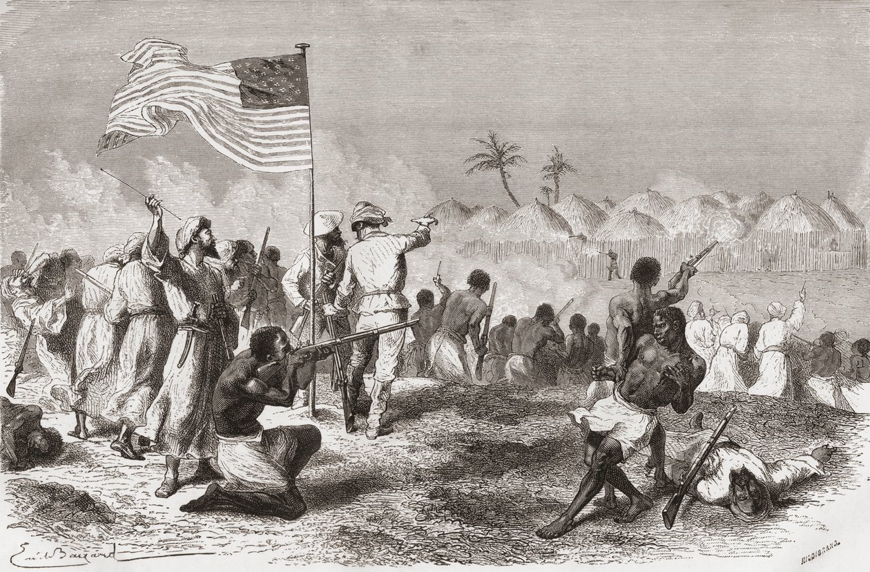 Stanleys Angriff auf Zimbizo während seiner Expedition 1871, Illustration aus 