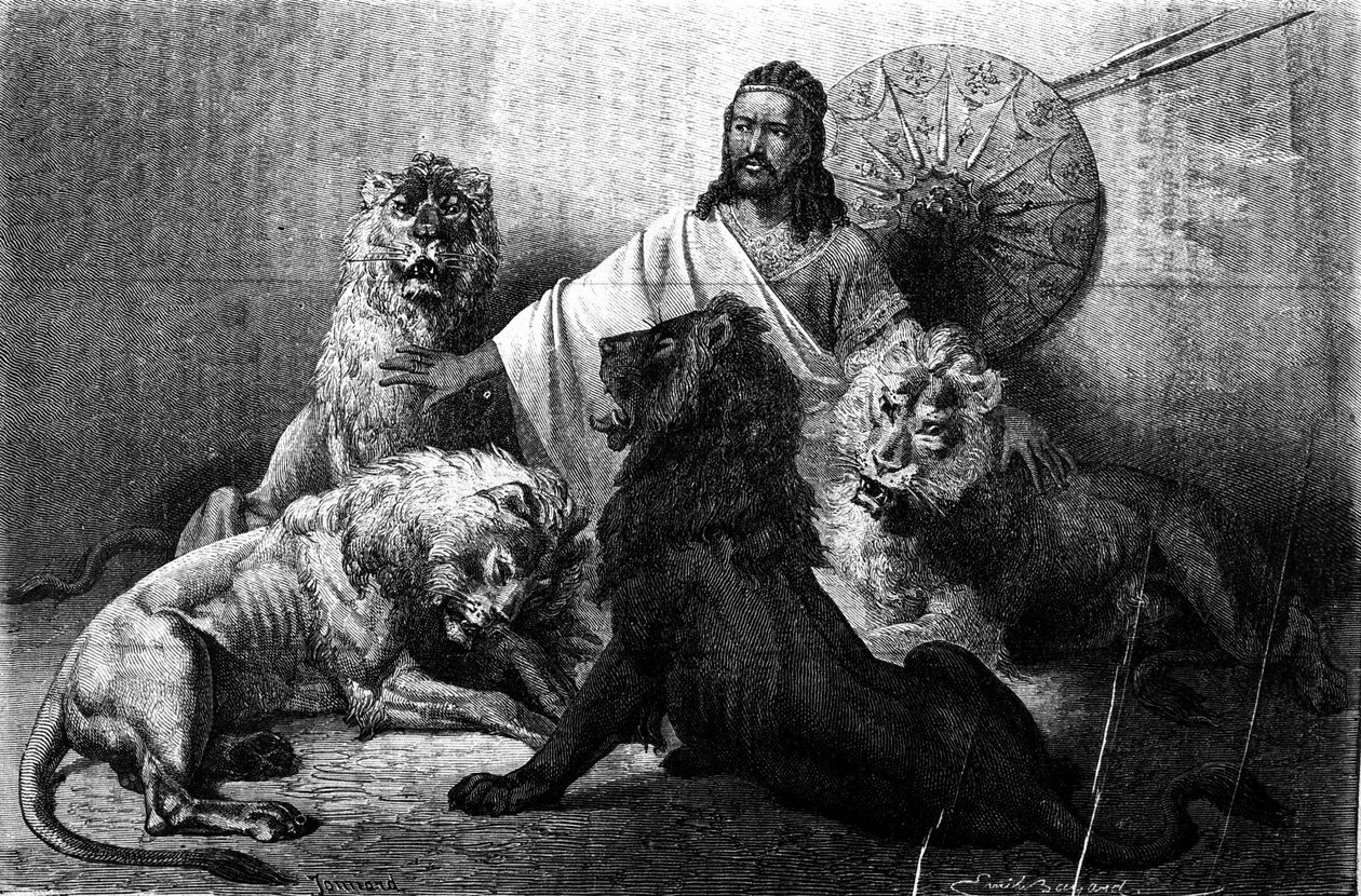 Der Kaiser (Ras) Theodoros von Abessinien umgeben von seinen Löwen. Gravur aus der Mitte des 19. Jahrhunderts. Illustration von Emile Bayard. von Emile Antoine Bayard