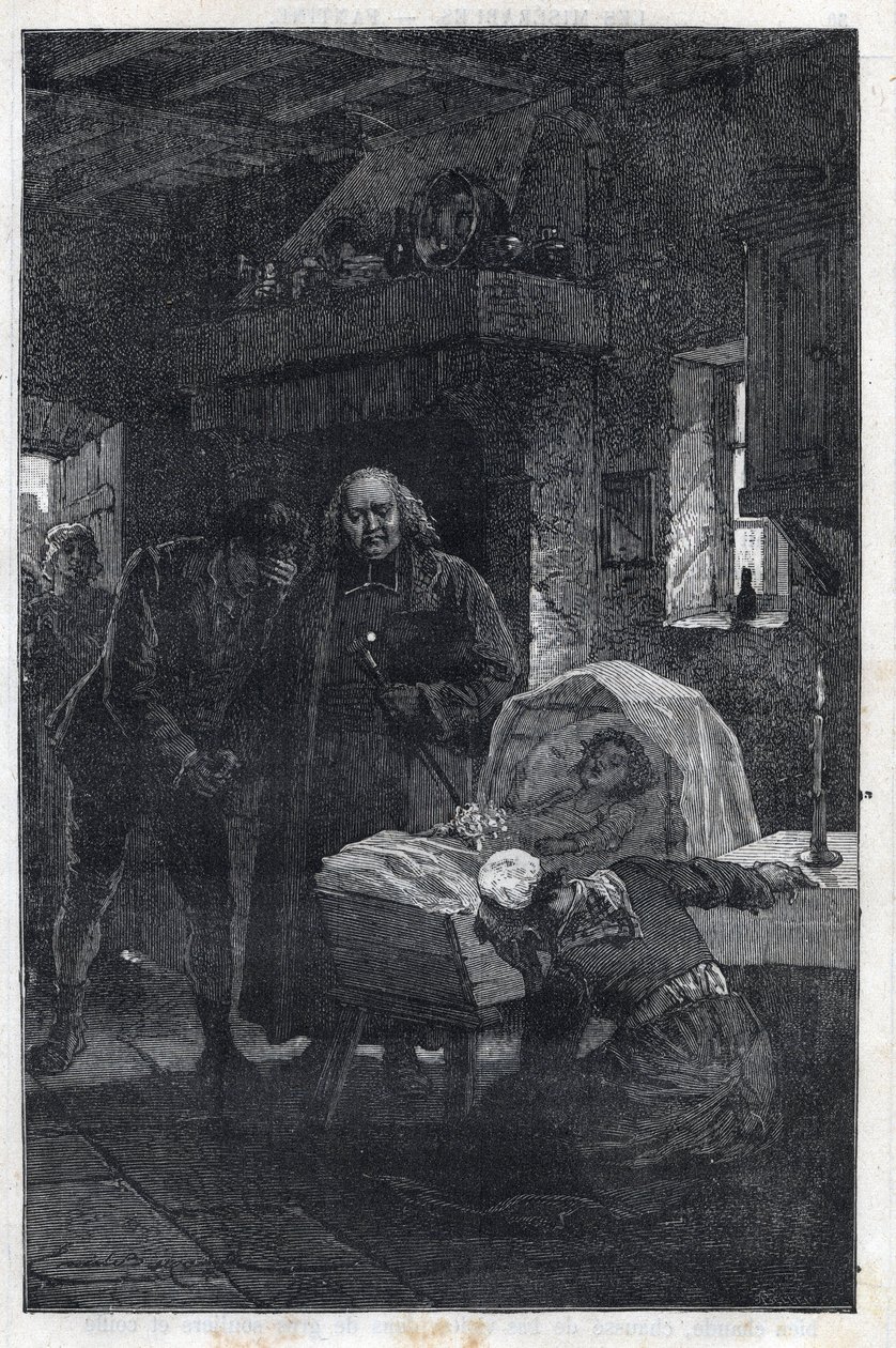 Der Bischof Myriel mit einer trauernden Familie - Illustration von Emile Bayard (1837-1891) für „Les Misérables - Erste Partie: Fantine“ von Victor Hugo (1802-1885) 1862 von Emile Antoine Bayard