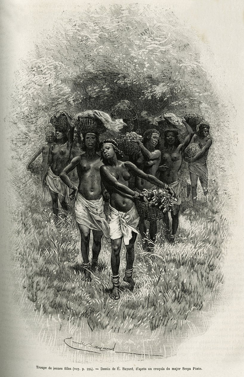 Truppe junger Mädchen, die Körbe mit Lebensmitteln für die Versorgung von S. Pinto und seinen Männern tragen. Gravur von Emile Bayard, zur Illustration der Geschichte, wie ich Afrika durchquert habe, vom Atlantischen Ozean bis zum Indischen Ozean, von Majo von Emile Antoine Bayard