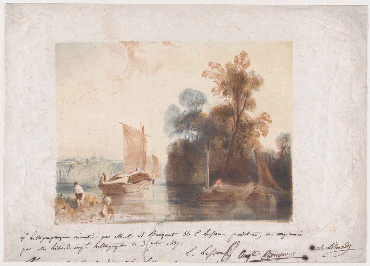 Landschaft mit Fluss und Booten, 1837 von Emile Aubert Lessore