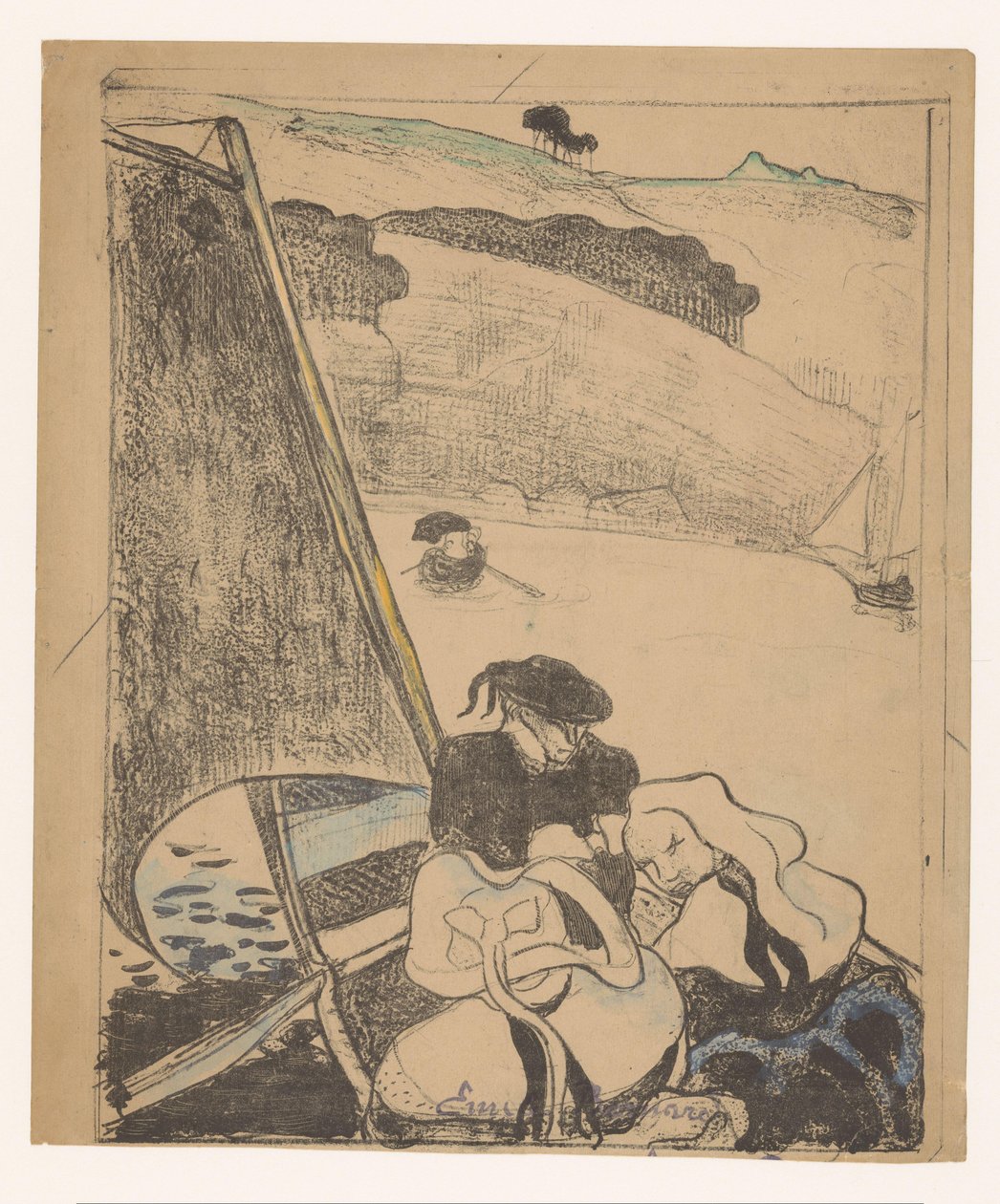 Zwei bretonische Frauen und ein Mann auf einem Boot von Émile Bernard (signed by artist)