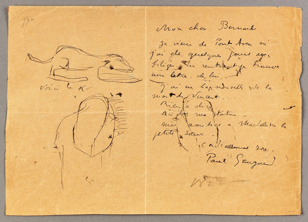 Brief an Emile Bernard mit drei Tintenzeichnungen, Hinweis auf den Tod von "Vincent", Tahiti, 1890er Jahre von Emile Bernard