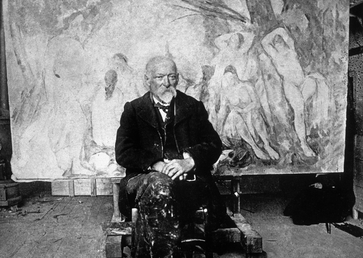 Paul Cézanne (1839-1906) französischer Maler im Jahr 1904 vor einer seiner Leinwände mit Schwimmern (s/w Foto) von Emile Bernard