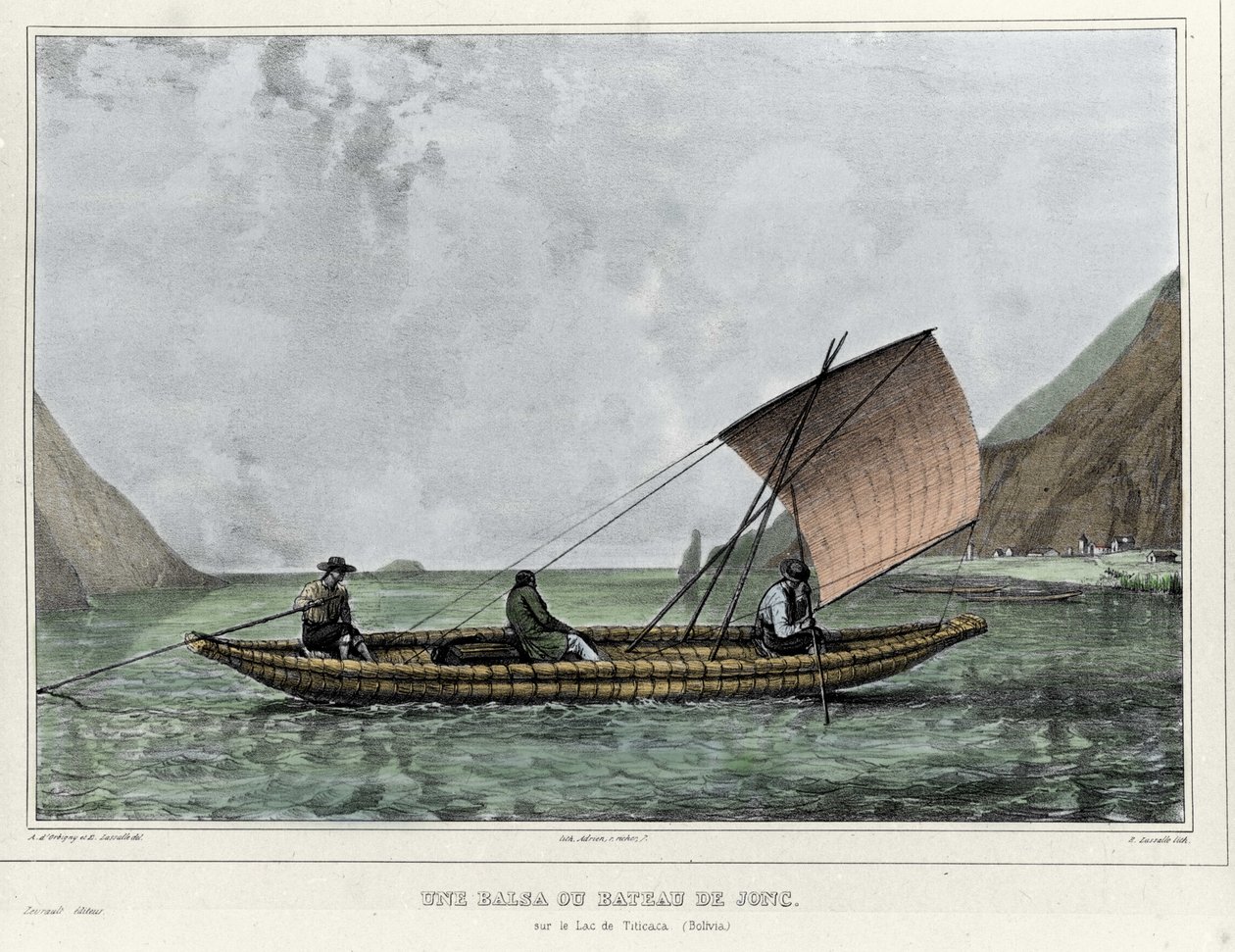 Eine Balsa oder ein Floßboot auf dem Titicacasee (Bolivien). Lithographie von Emile Lassalle (1813-1871) - in „Voyage dans l