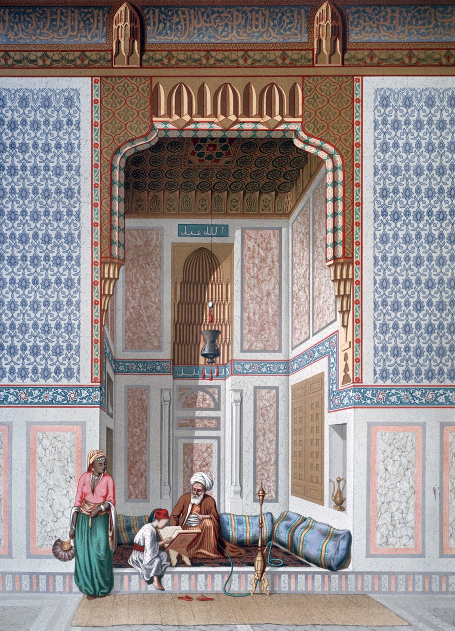Innenansicht der Moschee von Khosne Ahmed el-Bordeyny. Chromolithographie nach Emile Prisse d