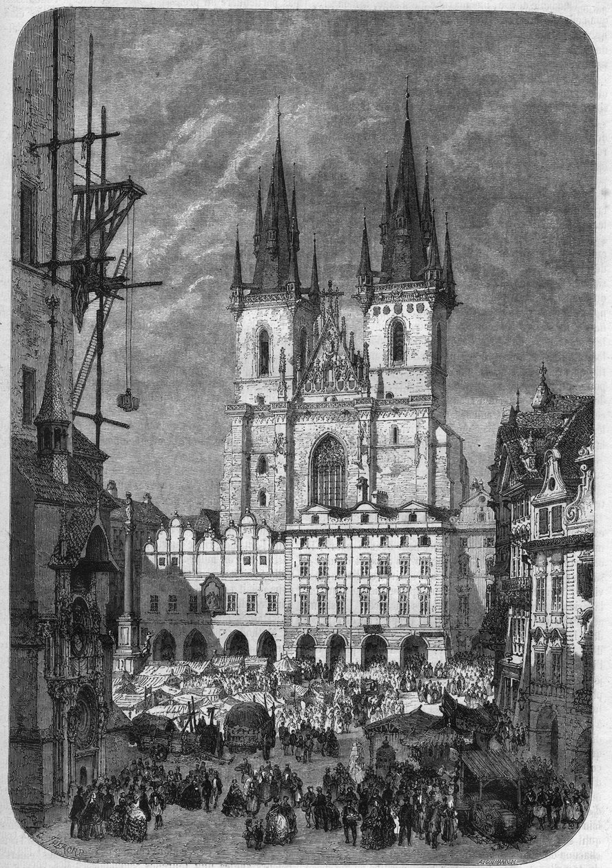 Gotische Architektur: Außenansicht der Kirche Unserer Lieben Frau von Tyn (Teynkirche) in Prag. Ihr Bau dauerte vom 14. bis zum 16. Jahrhundert. Gravur von Therond in „Le Magasin Pittoresque“. von Emile Theodore Therond