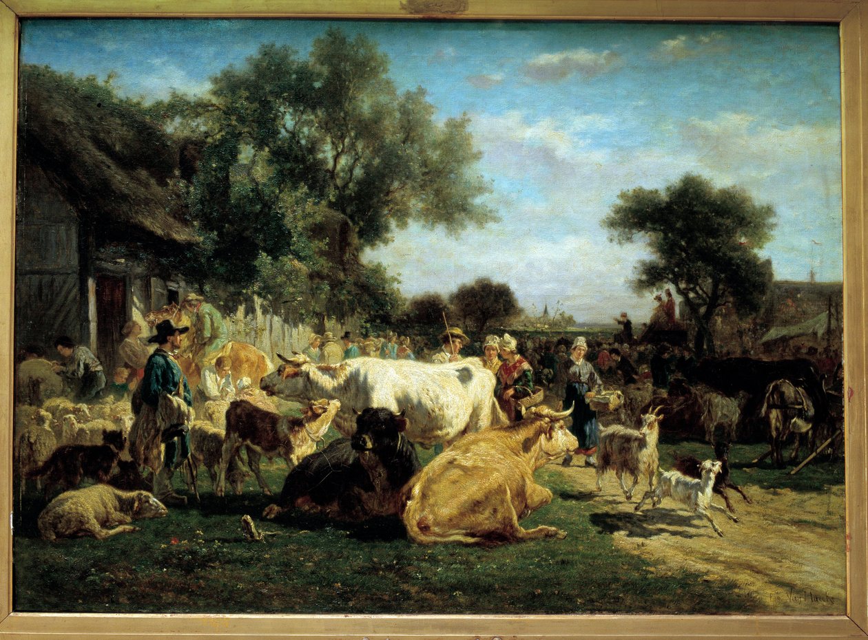Dorffest. Viehmarkt. Gemälde von Emile Van Marck, 19. Jahrhundert von Emile van Marcke de Lummen