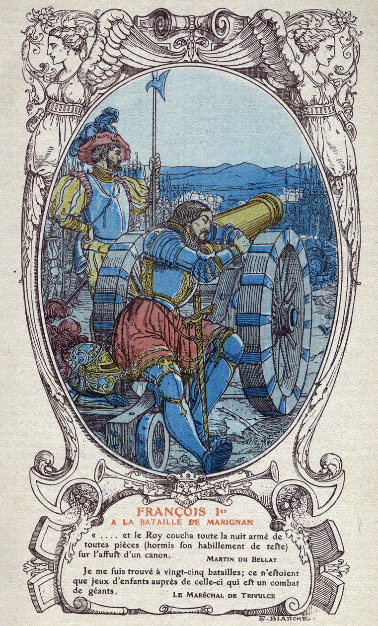Der König von Frankreich Franz I. (1494-1547) in der Schlacht von Marignano am 13. und 14. September 1515. Gravur von 1914 von Emmanuel Blanche (1880-1946).DR Private Sammlung. von Emmanuel Blanche