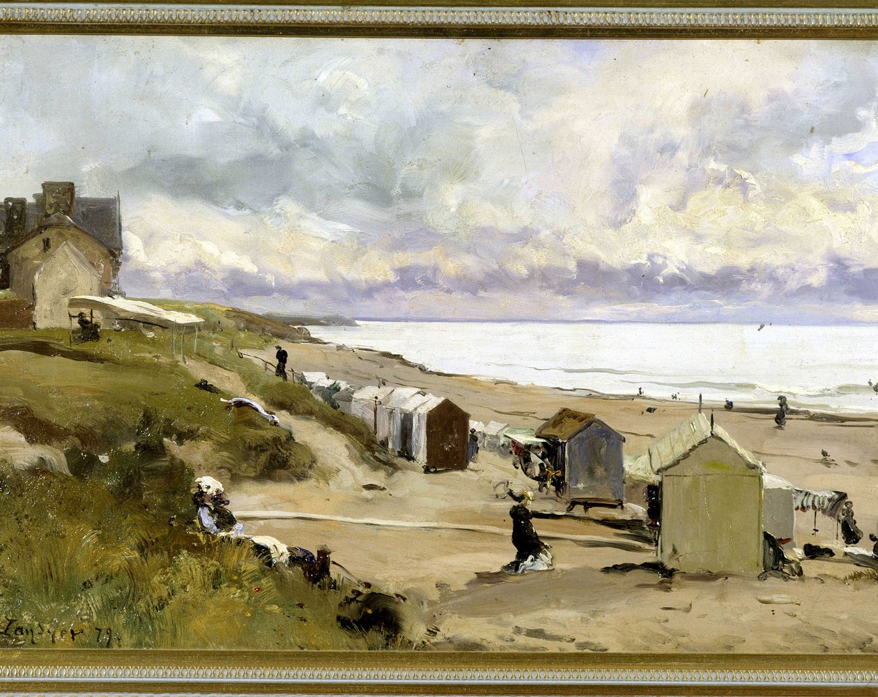 Der Strand der Bäder in St Pair (Manche) - Öl auf Leinwand von E. Lansyer von Emmanuel Lansyer