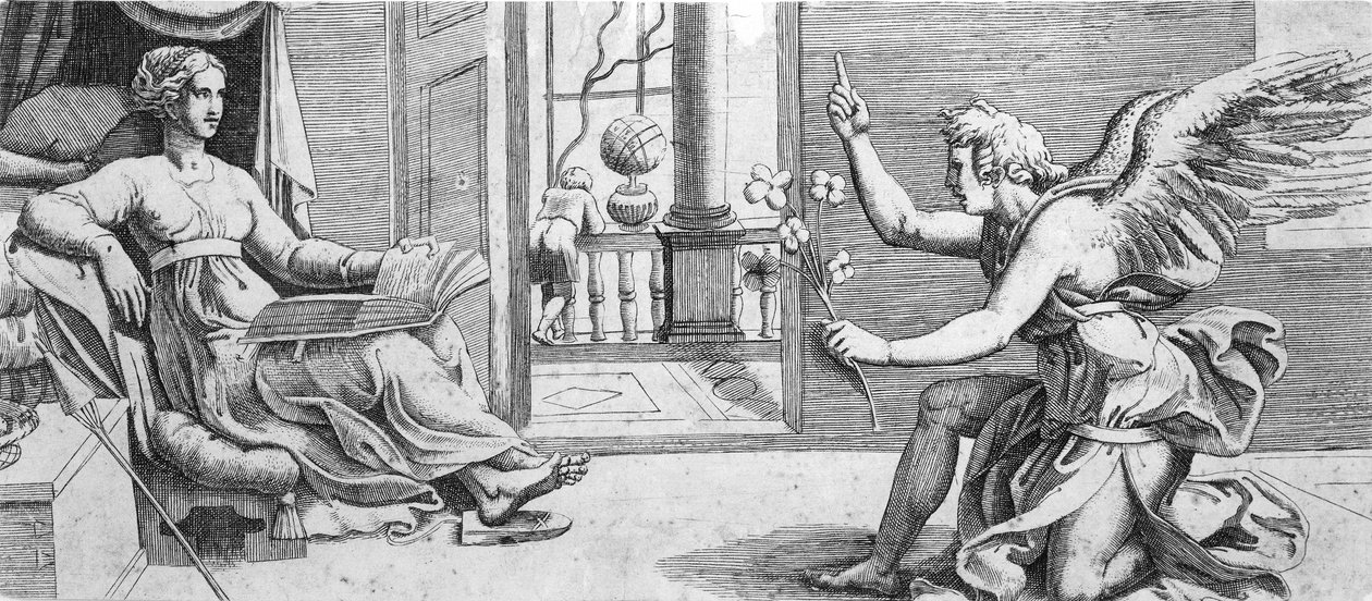 Die Verkündigung mit kniendem Engel, ca. 1540-41 von Enea Vico.