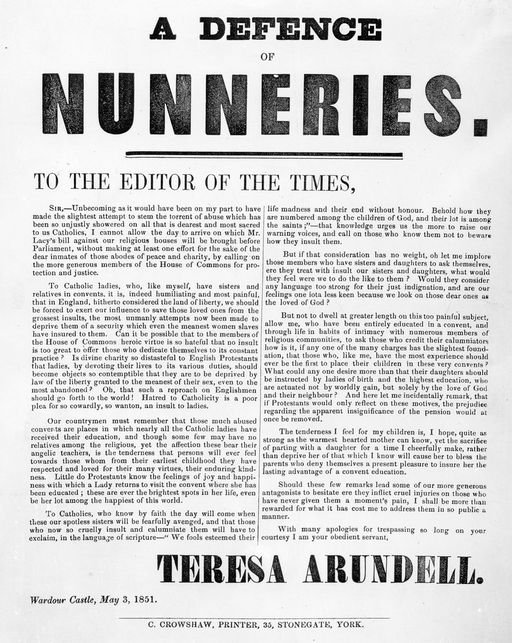 Verteidigung der Klöster von Theresa Arundell, 1851 von English School