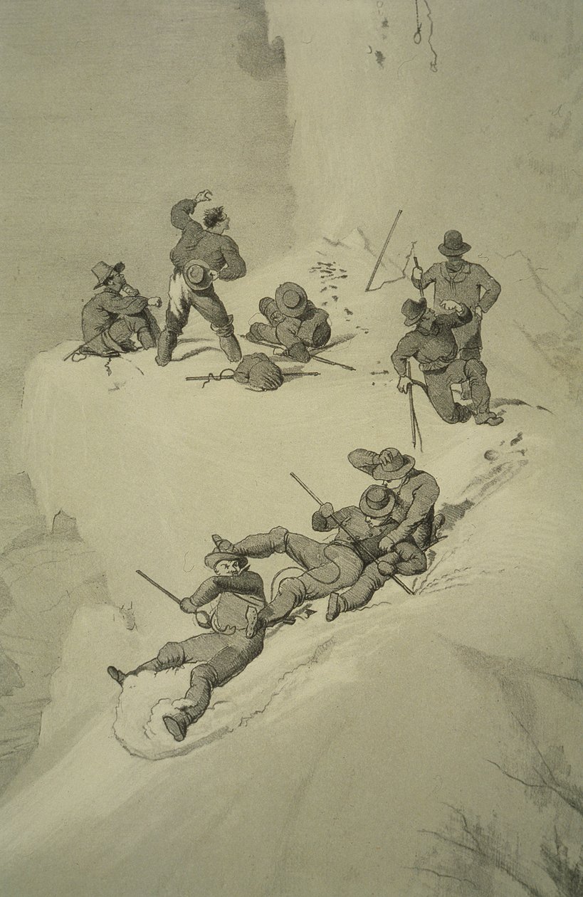 Ein Sturz beim Aufstieg, aus Zehn Szenen beim letzten Aufstieg auf den Mont Blanc, einschließlich fünf Ansichten vom Gipfel, von J.D.H. Browne, veröffentlicht 1853 von English School