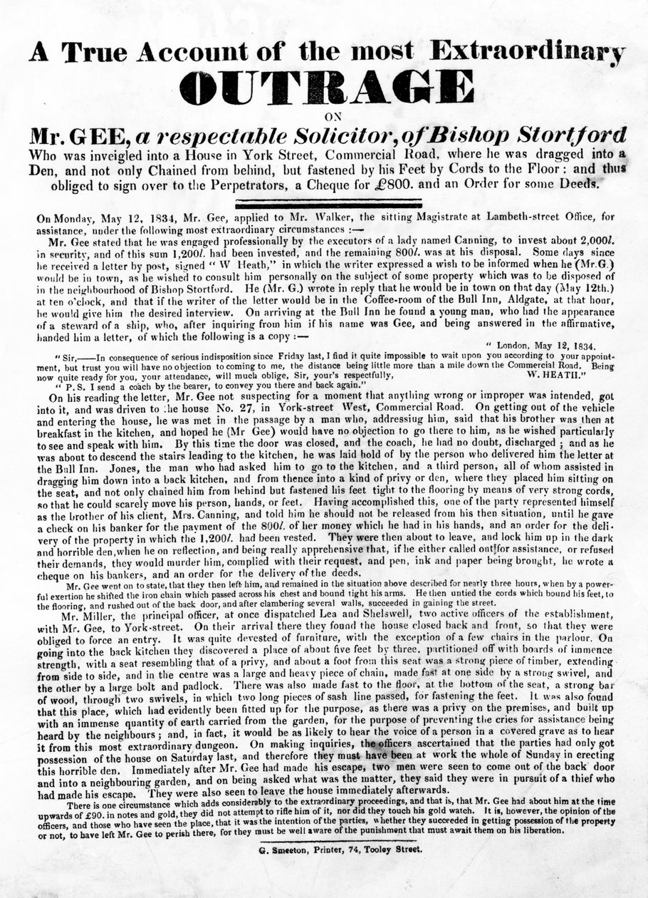 Ein wahrer Bericht über den außergewöhnlichsten Angriff auf Mr. Gee, 1834 (Buchdruck) von English School