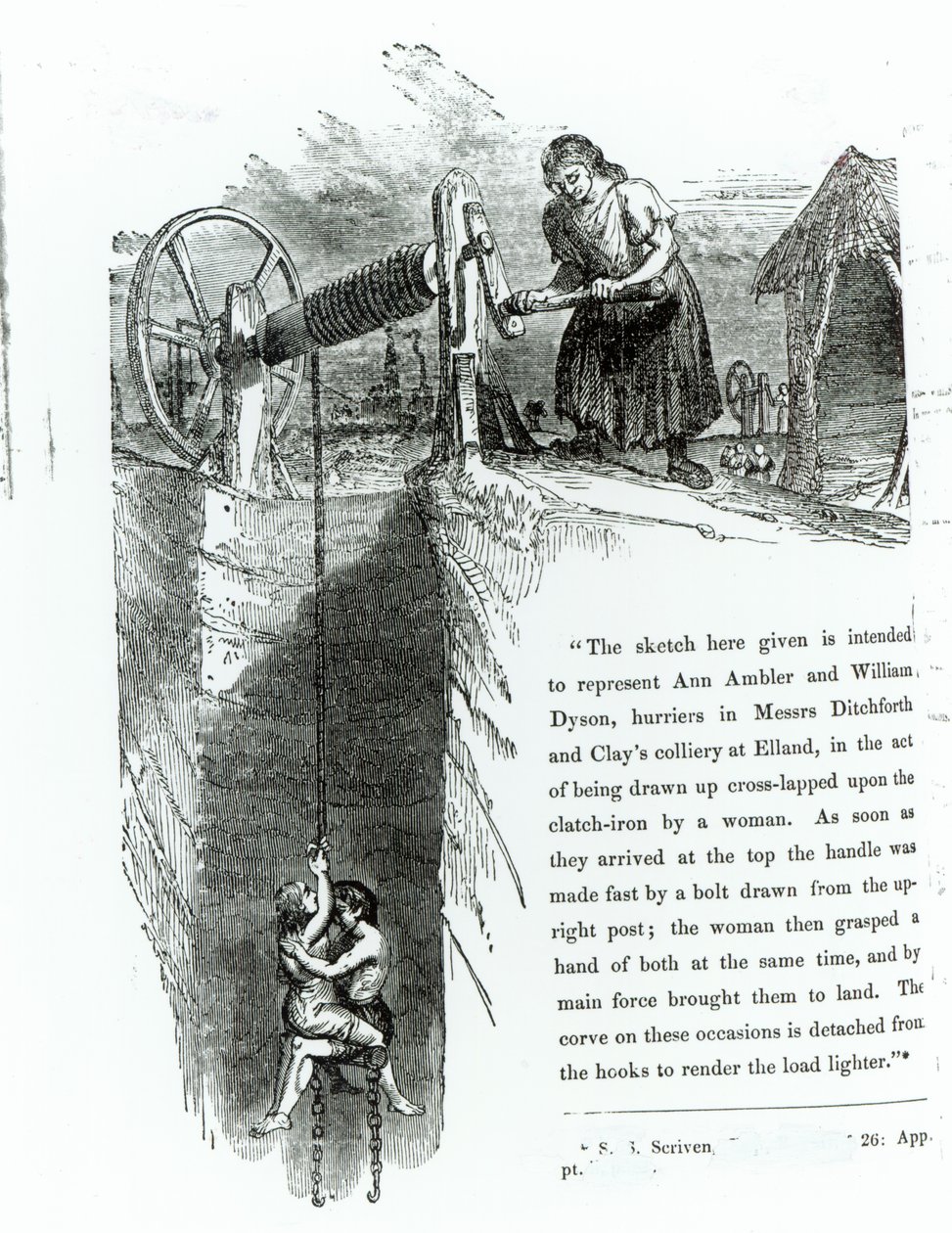 Ein Junge und ein Mädchen werden einen Minenschacht hochgezogen, Illustration gedruckt im 