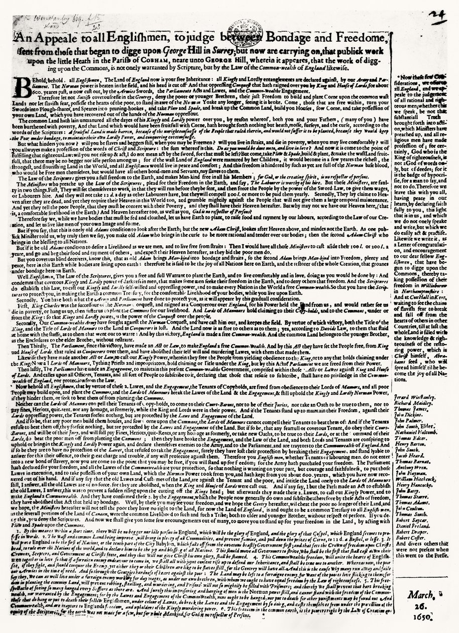 Flugblattaufruf an Diggers, veröffentlicht 1650 von English School