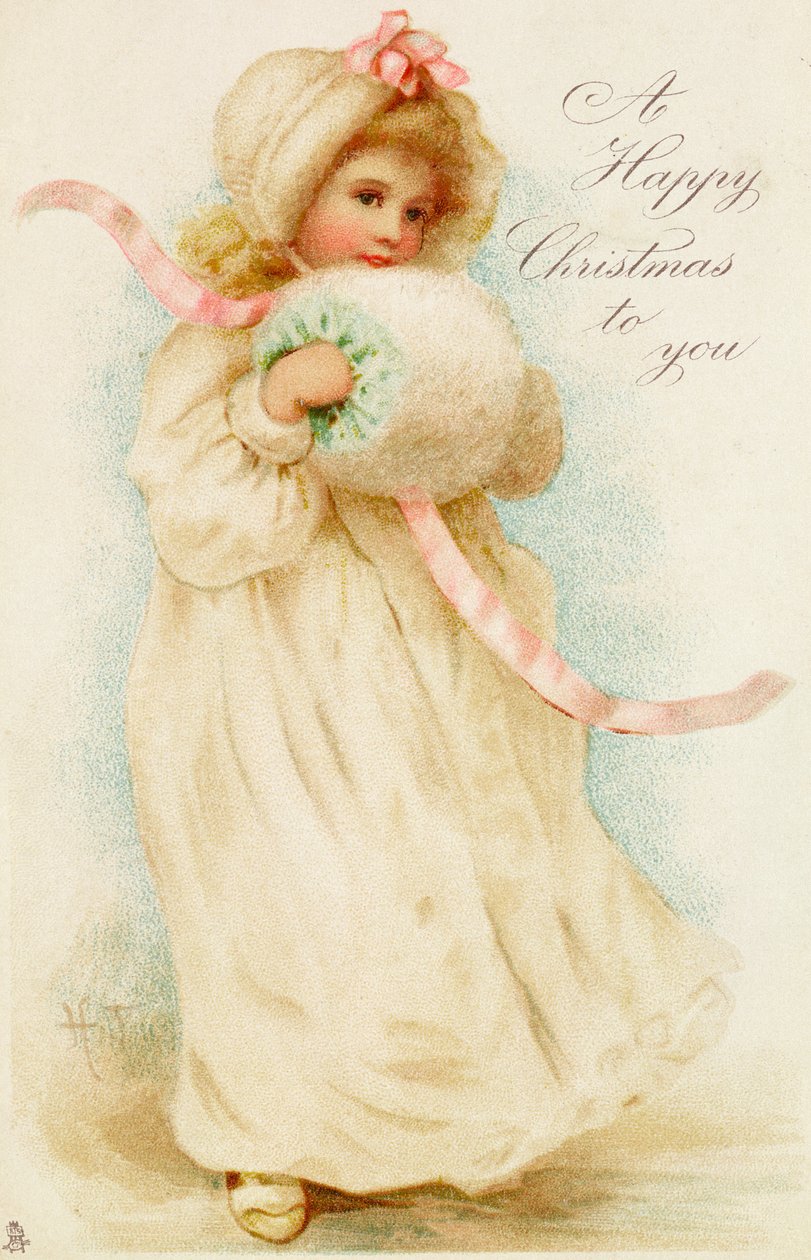 Weihnachtskarte, die ein Mädchen mit einem Muff darstellt von English School