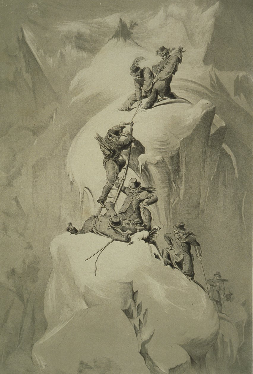 Überquerung einer Gletscherspalte, aus Zehn Szenen beim letzten Aufstieg auf den Mont Blanc, einschließlich fünf Ansichten vom Gipfel, von J.D.H. Browne, veröffentlicht 1853 von English School