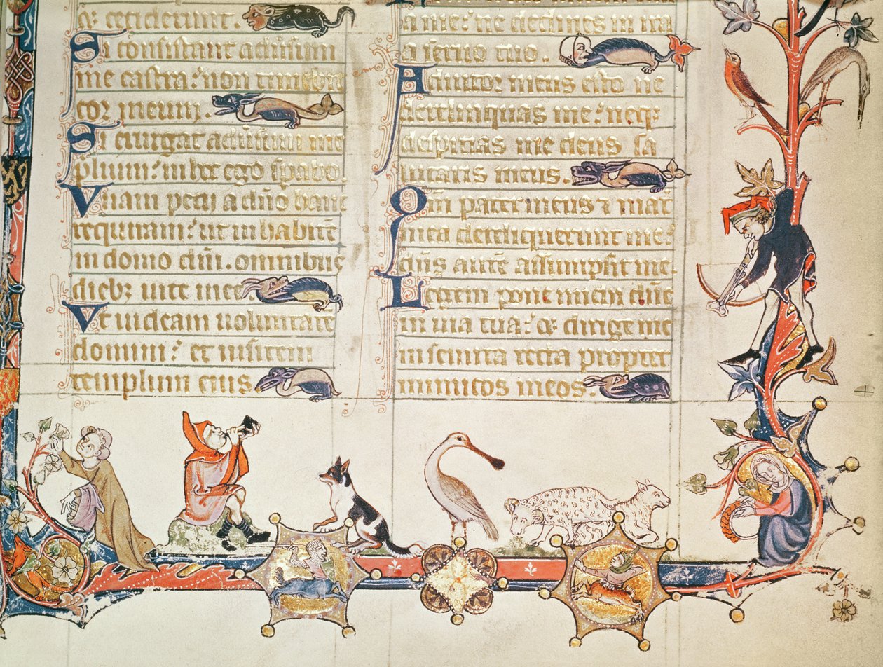 Illustration aus einem Psalter, verschiedene Figuren, ein Löffler, Schafe, Zentauren und Reineke Fuchs darstellend von English School