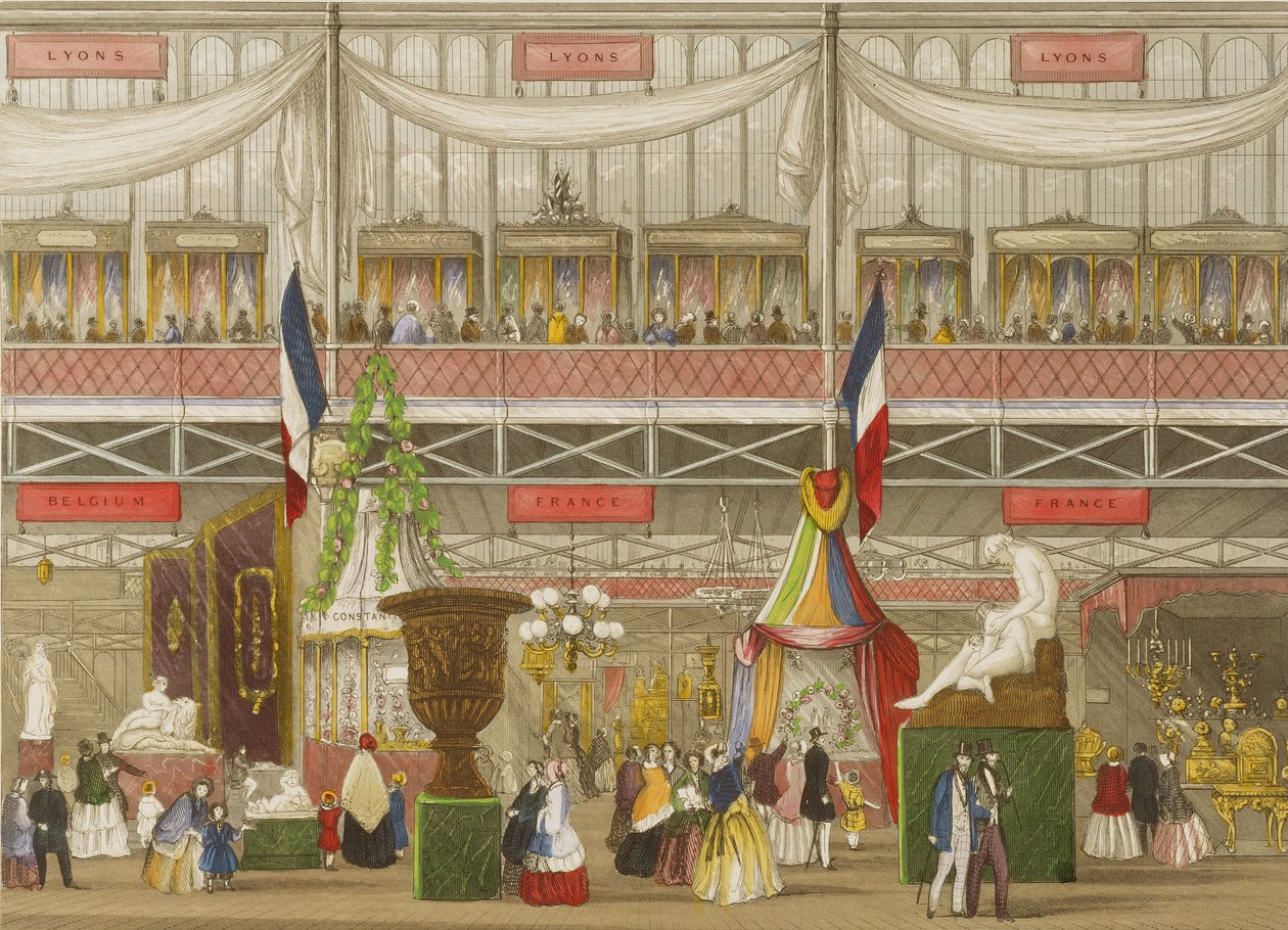 Innenansicht der Großen Ausstellung, französische und belgische Abteilungen, von Chevanne, veröffentlicht von Read & Co. von English School