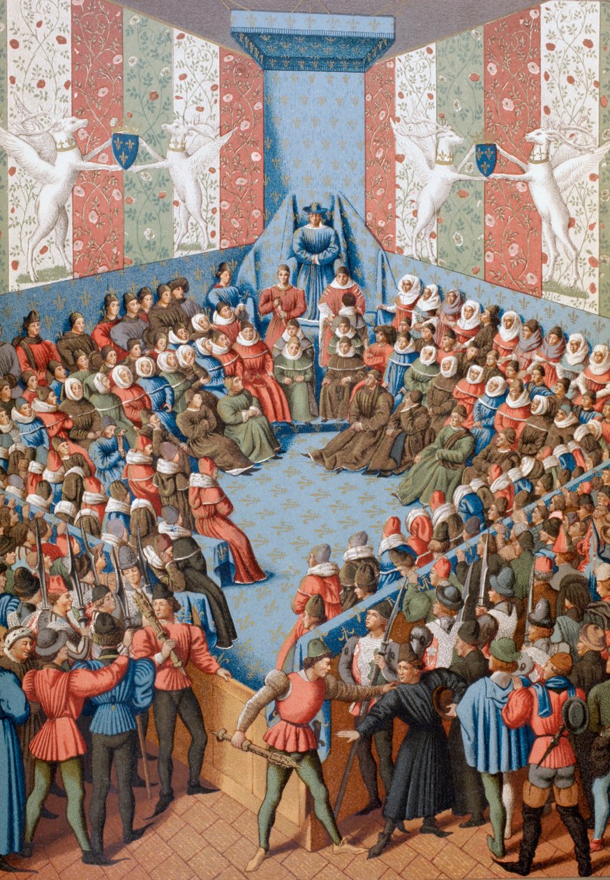 Jean II., Herzog von Alençon, vor Gericht, beschuldigt, mit den Engländern konspiriert zu haben, ca. 1880 von English School