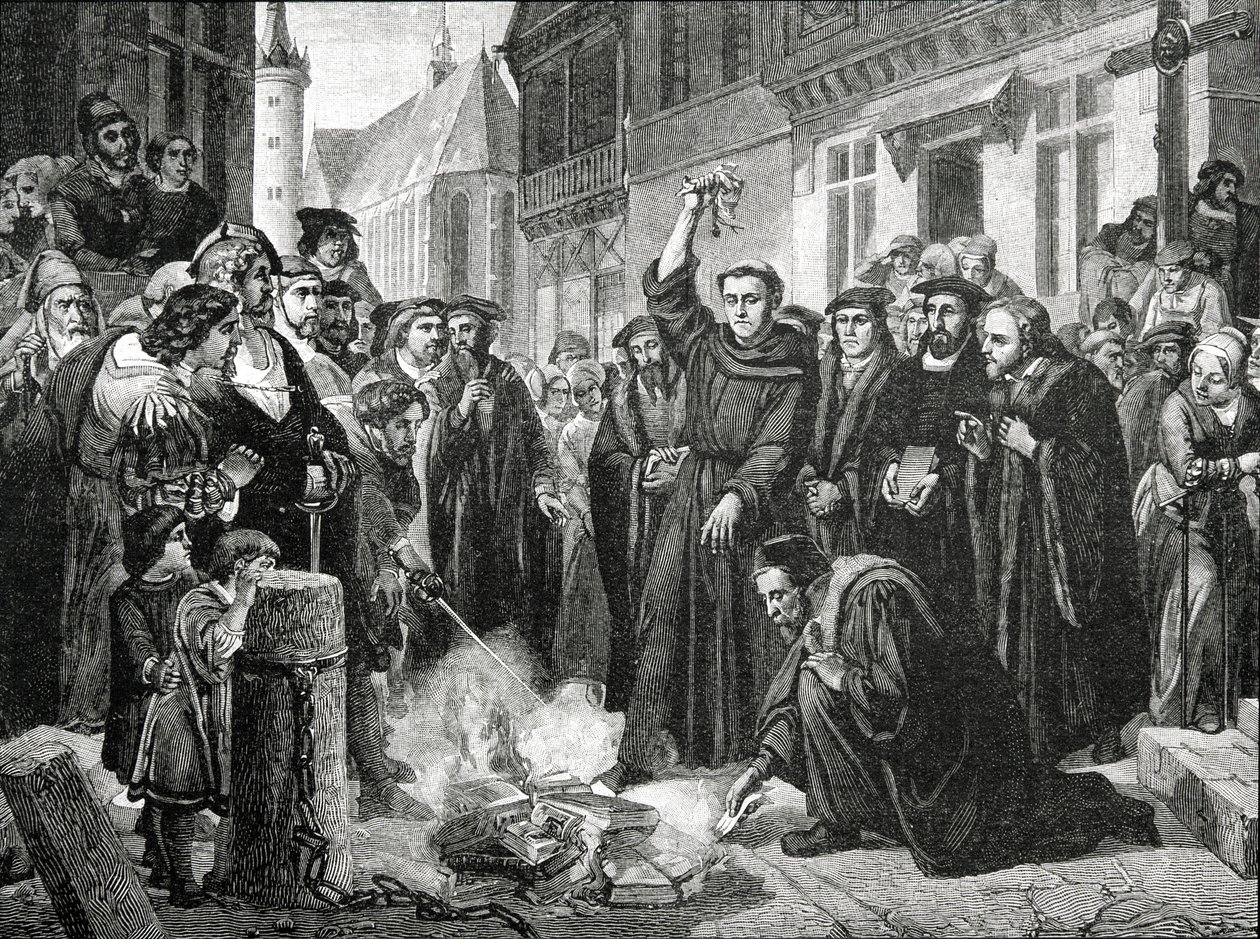 Martin Luther (1483-1546) verbrennt öffentlich die päpstliche Bulle im Jahr 1521 von English School