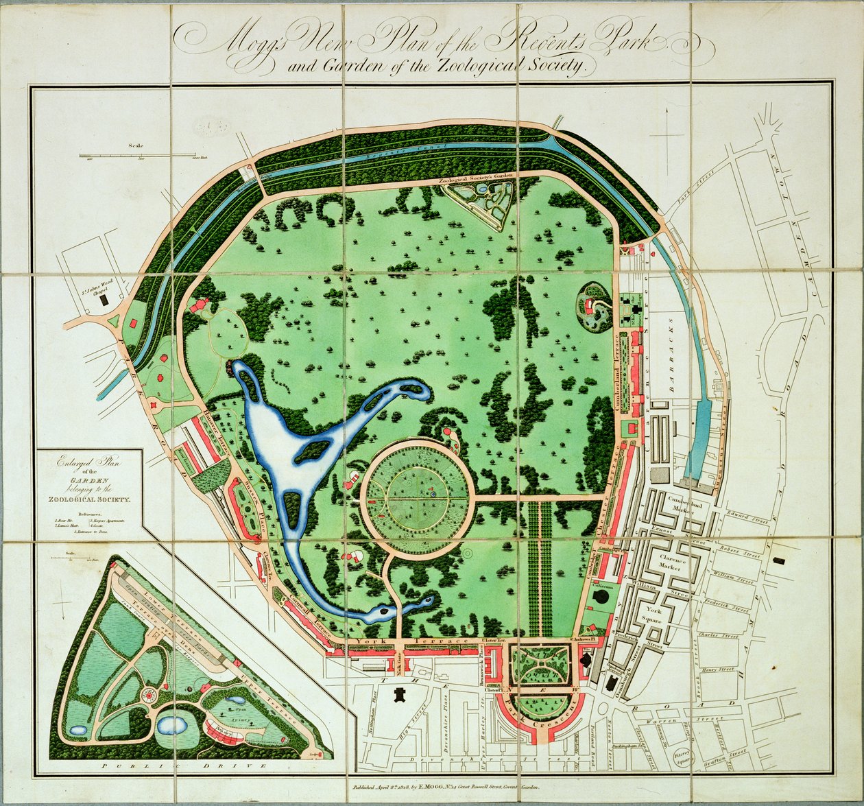 Moggs neuer Plan des Regents Park und des Gartens der Zoologischen Gesellschaft, veröffentlicht von Edward Mogg, 1828 von English School