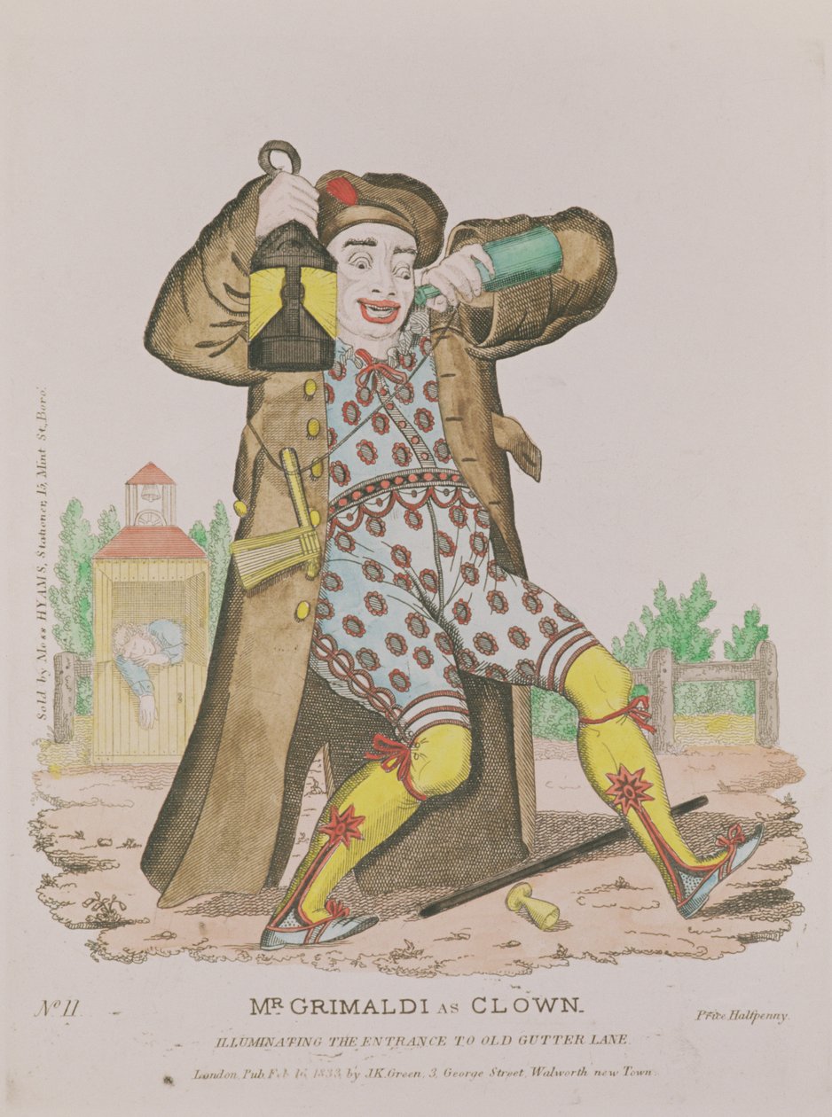 Mr. Grimaldi als Clown, beleuchtet den Eingang zur Old Gutter Lane, veröffentlicht 1833 von English School