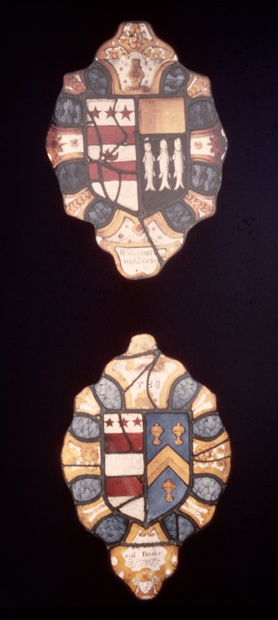 Paneele mit Washington- und Kitson-Wappen und Washington- und Butler-Wappen aus Sulgrave Manor, 1588 von English School