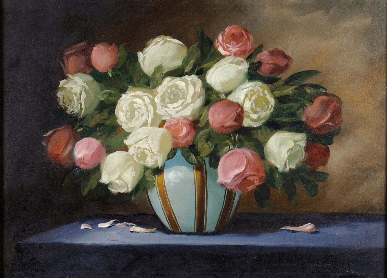 Rosa und weiße Rosen in einer blauen Vase von English School
