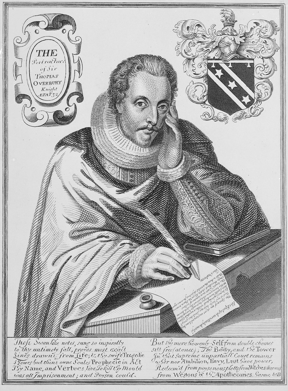 Porträt von Sir Thomas Overbury (1581-1613) beim Schreiben seines Epitaphs, graviert von Renold Elstrack (1571-ca.1630) 1613 von English School