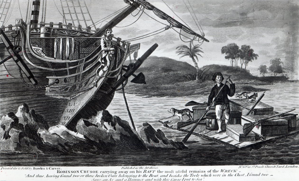 Robinson Crusoe trägt auf seinem Floß die nützlichsten Überreste des Wracks weg von English School