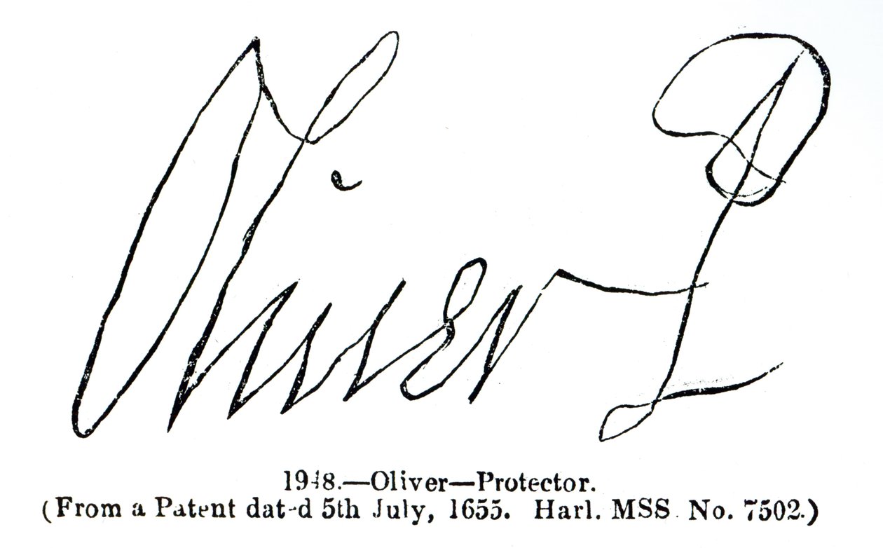 Unterschrift von Oliver Cromwell (1599-1658) Lordprotektor, aus einem Patentmanuskript (Harl.MSS Nr.7502) datiert 5. Juli 1655 von English School