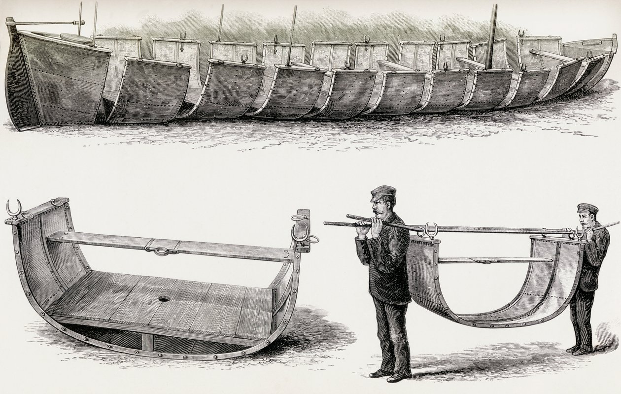 Das 28-Fuß-Stahlboot Advance, entworfen zum Transport über Land, 1890 von English School