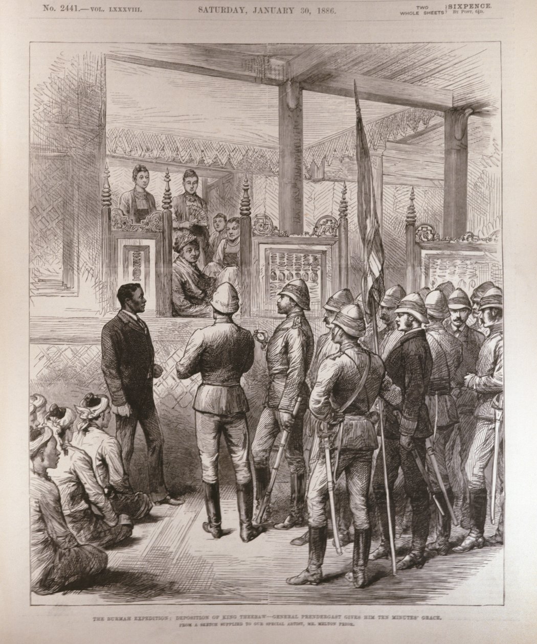 Die Absetzung von König Theebaw (1858-1916) in Burma: General Prendergast gibt ihm zehn Minuten Gnadenfrist von English School