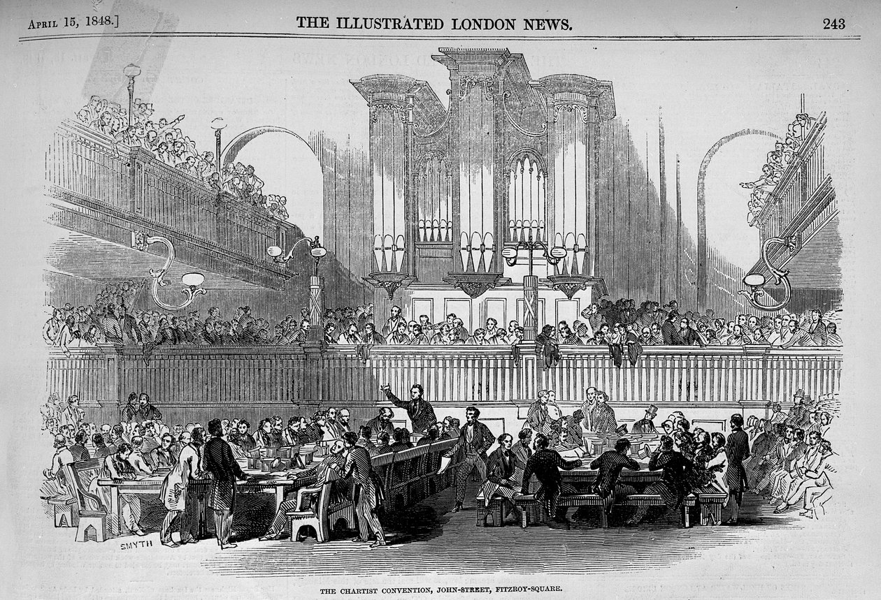 Die Chartistenversammlung in der John Street 23, Fitzroy Square, aus 