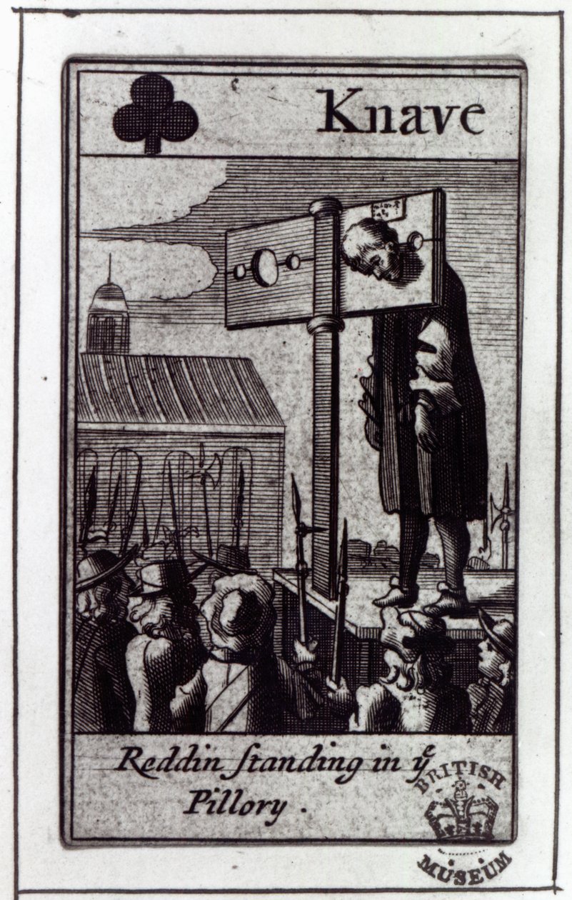 Der Bube der Kreuz, aus einem Kartenspiel zum Popish Plot von 1678 und der Verurteilung von Nathaniel Reading, 1679 von English School