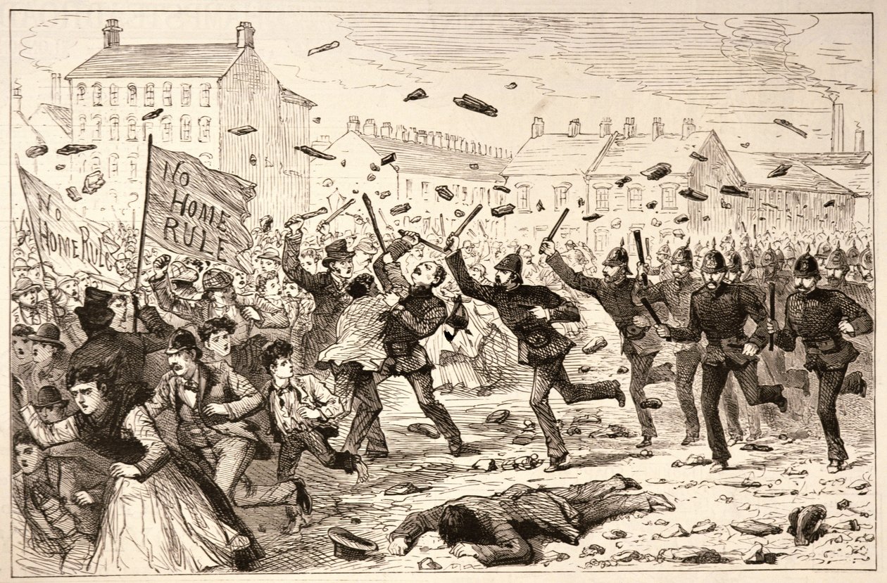 Die Unruhen in Belfast: Die Polizei greift den Mob in den Ziegelwerken an, aus 