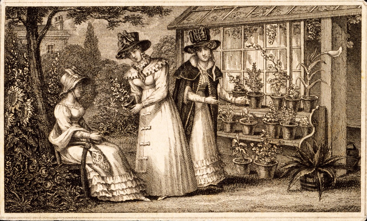 Drei Damen beim Gärtnern am Geräteschuppen, ca. 1820er Jahre von English School