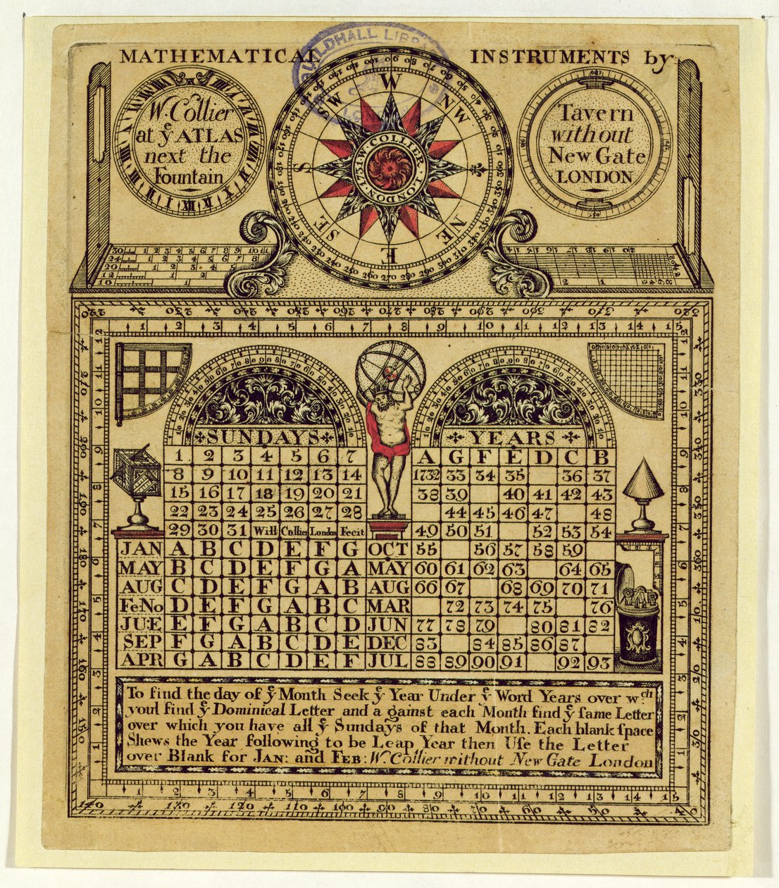 Handelskarte von W. Collier, Hersteller von mathematischen Instrumenten, 1731 von English School