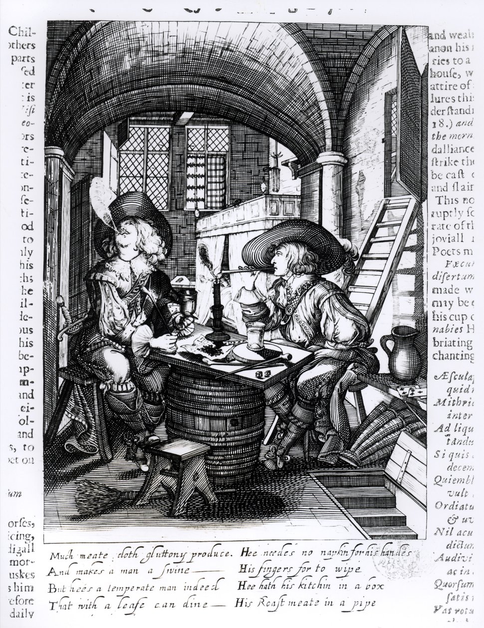 Zwei junge Adlige beim Rauchen, eine Pro-Rauchen-Illustration aus der Regierungszeit von James I (1566-1625) von English School