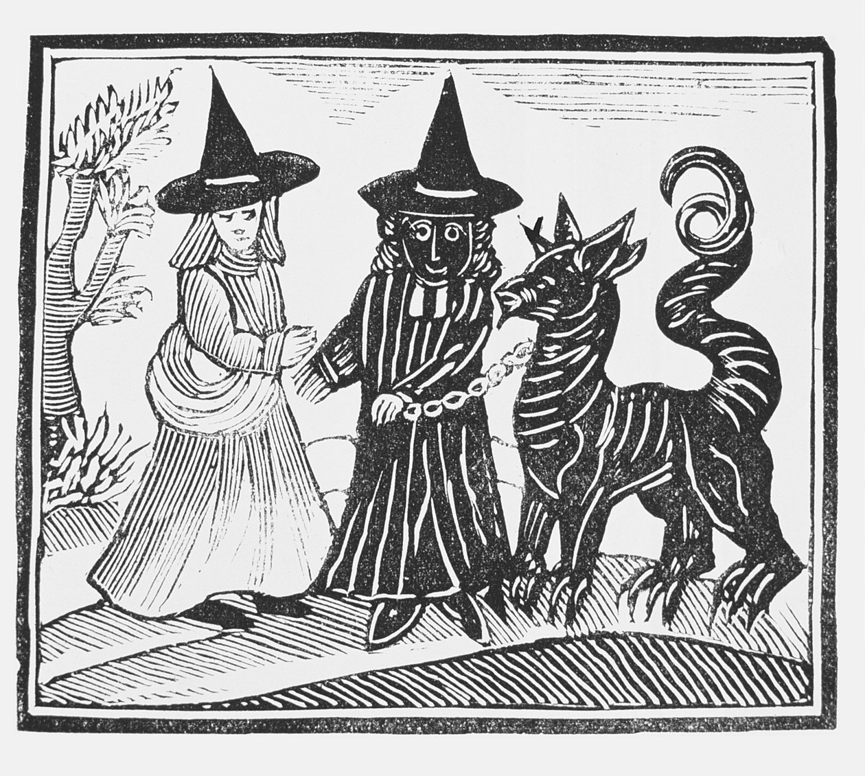Eine schwarze und eine weiße Hexe mit einem Teufelstier, Illustration aus einer Sammlung von Heftromanen über Esoterik von English School
