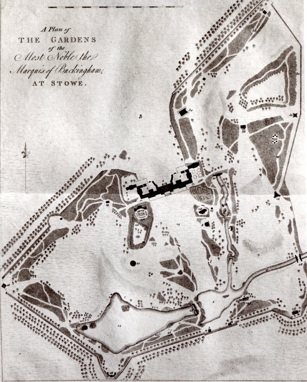 Ein Plan der Gärten des Höchst Edlen Marquis von Buckingham in Stowe, aus dem Besucherführer, veröffentlicht 1797 von English School