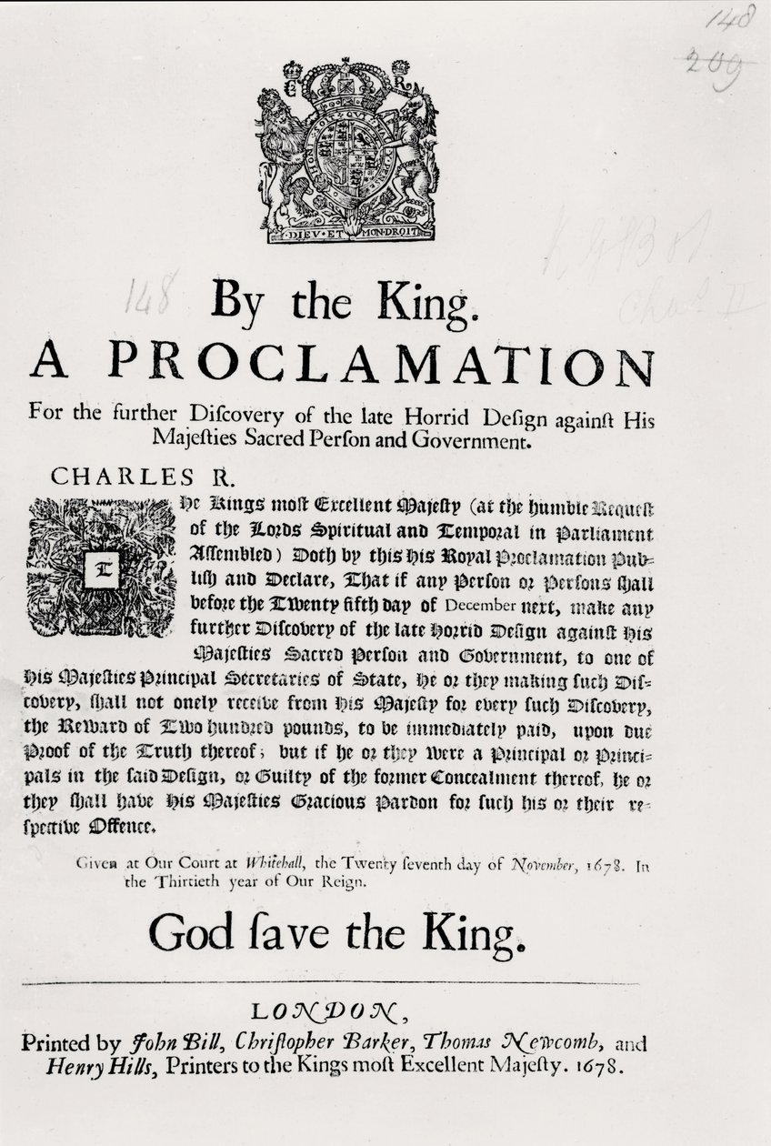 Eine Proklamation des Königs zur weiteren Entdeckung des kürzlich gegen seine Majestät und die Regierung gerichteten abscheulichen Plans, 27. November 1678 von English School
