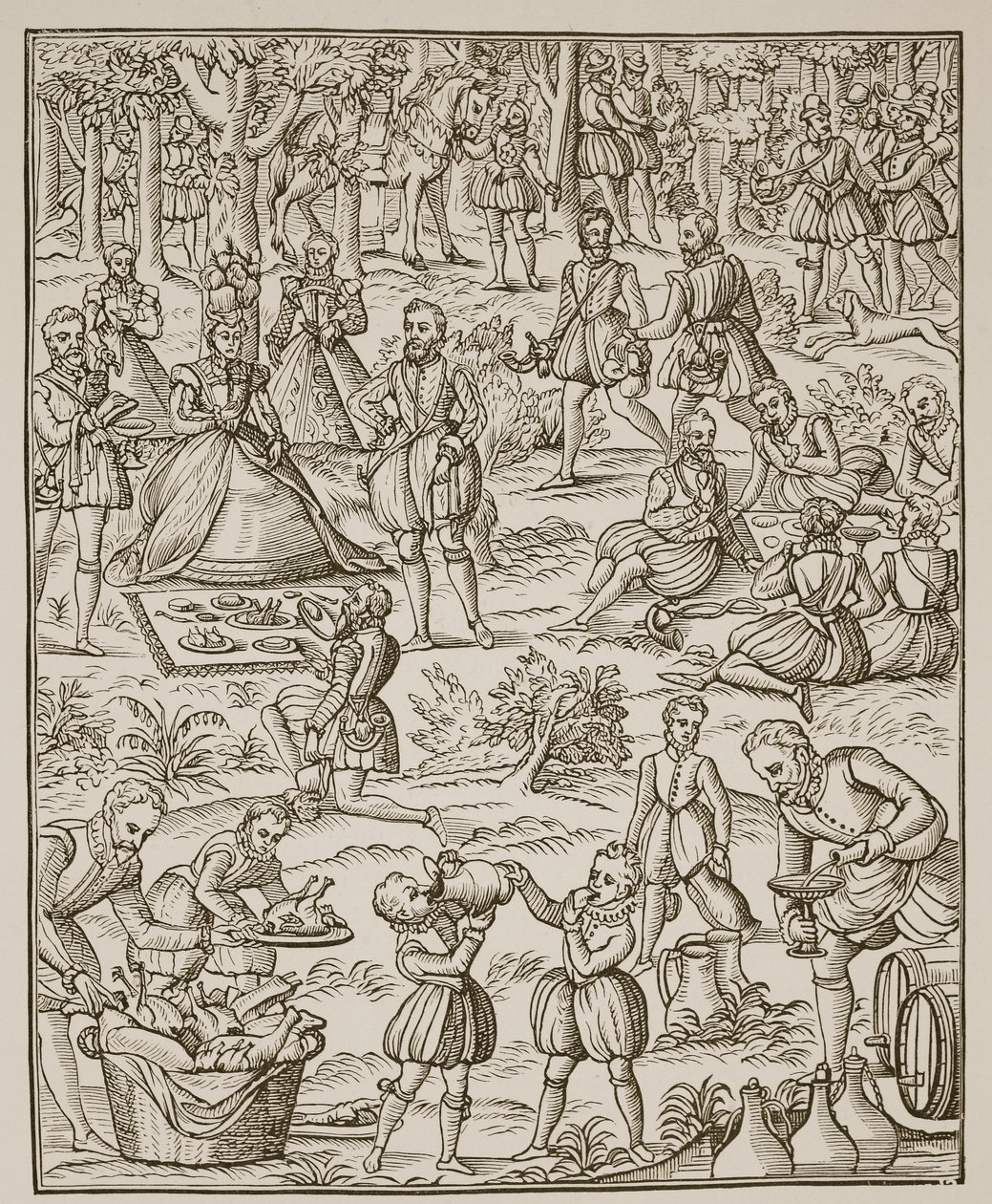 Ein königliches Picknick, Platte aus Noble Art of Venerie and Hunting von George Turberville, 1575 von English School